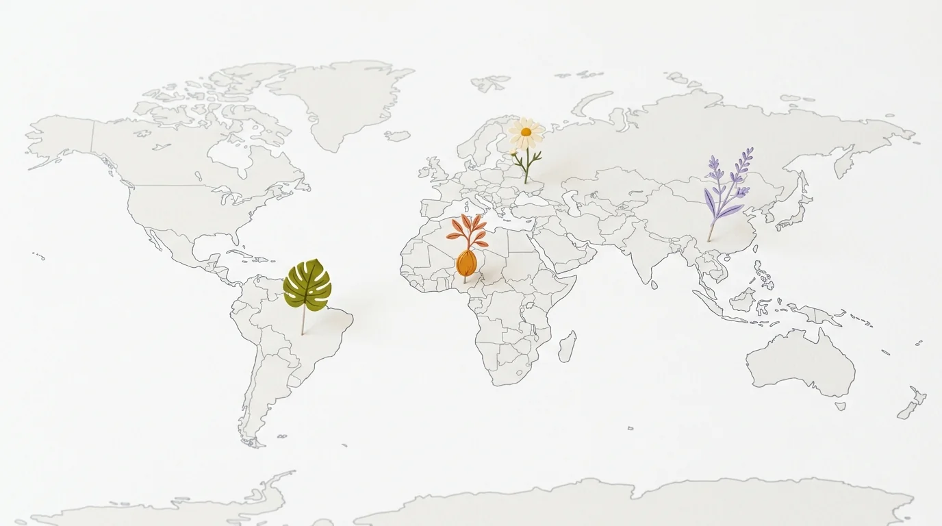 Illustrated world map showing botanical ingredient sourcing from South America, Africa, Asia and Europe